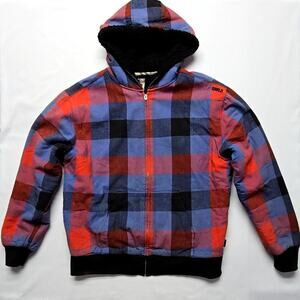 Vintage World Industries Plaid Hoodie Sherpa Lined Red Blue Y2K Large Jacket